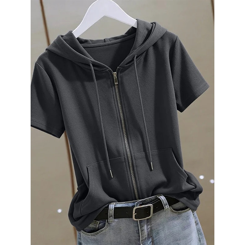 Women'S Fashion Zip Up Hoodies - Women Summer Zip‑Up Short Sleeve Hoodie,