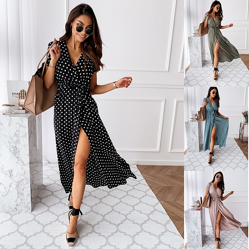 Maxi Dress Boho - Summer Boho Polka Dot Print V-Neck
