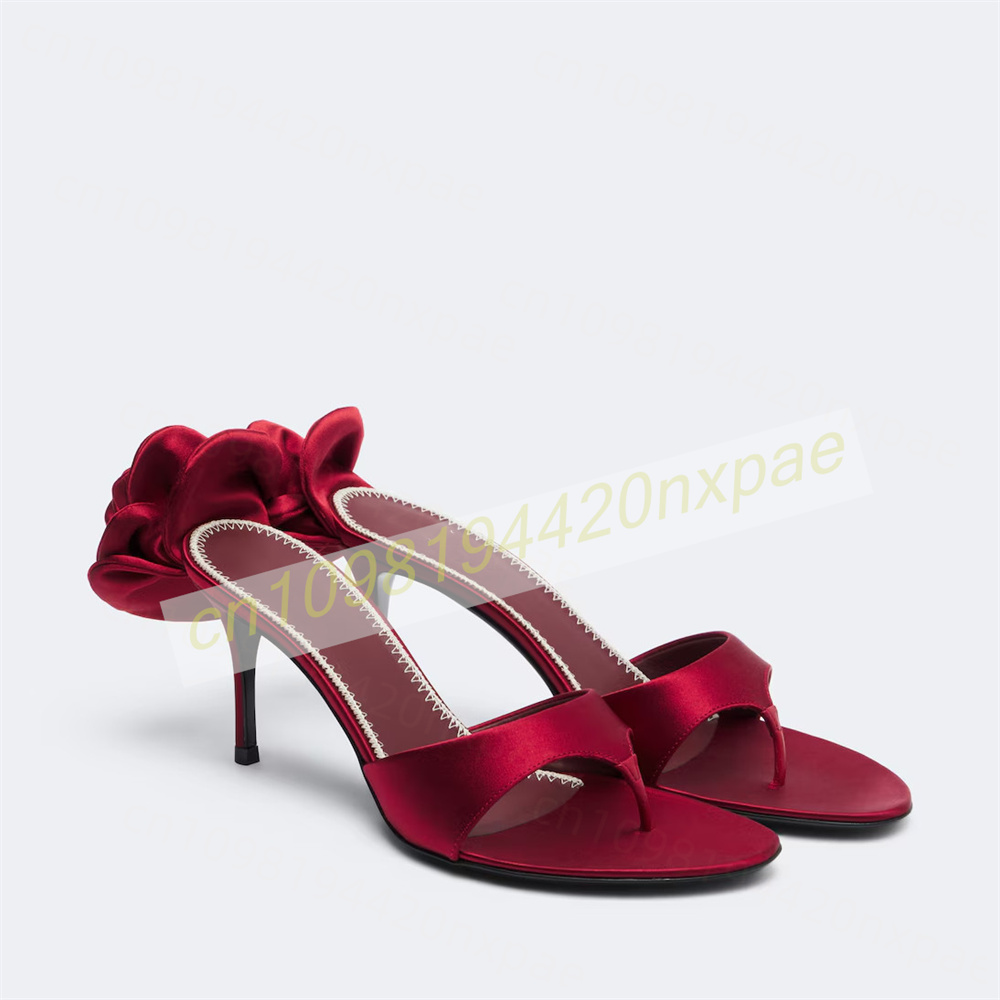 Floral Summer Dress - Women Red Satin Thong Mule Sandals