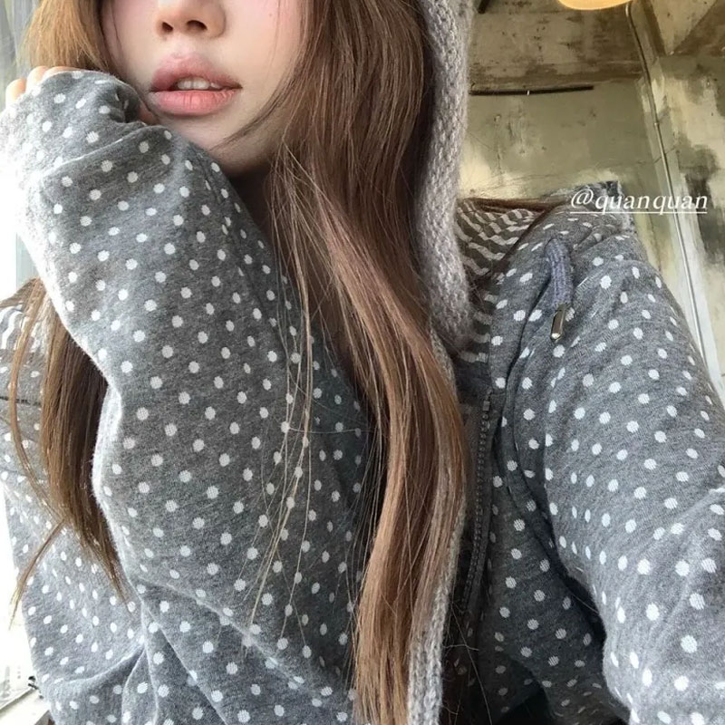 Women'S Fashion Zip Up Hoodies - Korean Polka Dot Casual Printed Hoodies