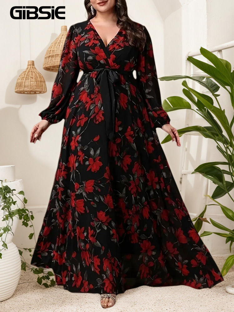 Maxi Dress Boho - GIBSIE Plus Size Floral Print V-Neck