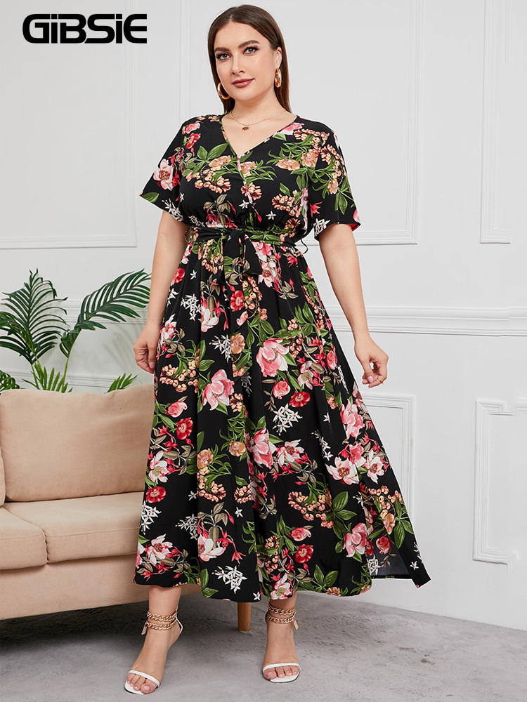 Maxi Dress Boho - GIBSIE Plus Size V Neck Floral