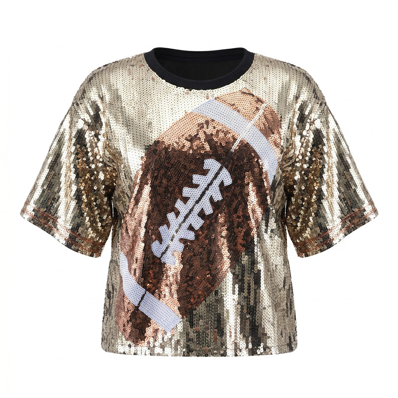 Women'S Fashion Rugby Top - Summer New Fashion Rugby Print Sequin
