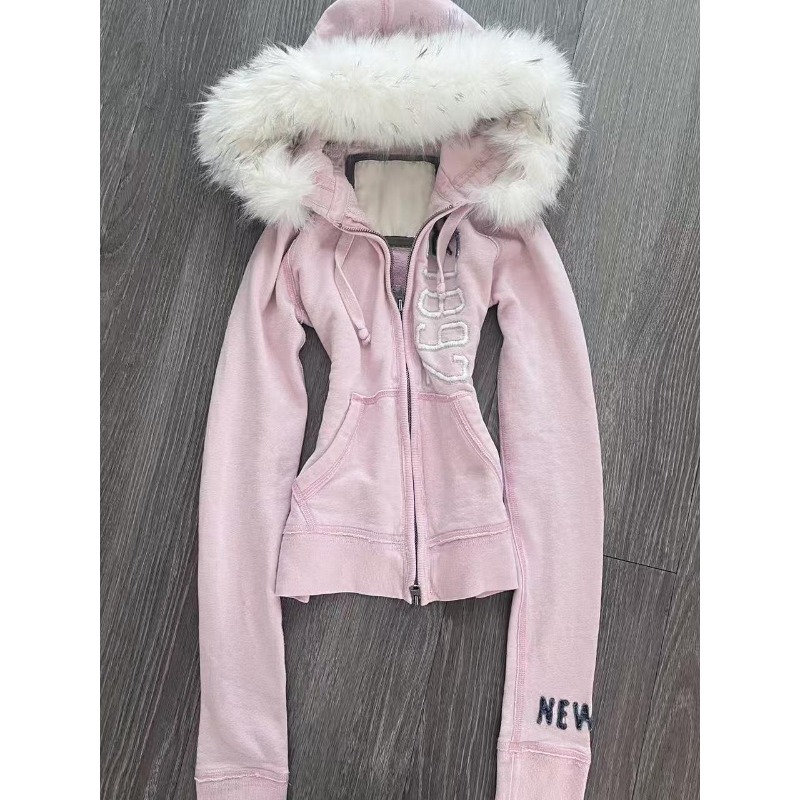 Women'S Fashion Zip Up Hoodies - American Vintage Pink Furry Hoodie Women