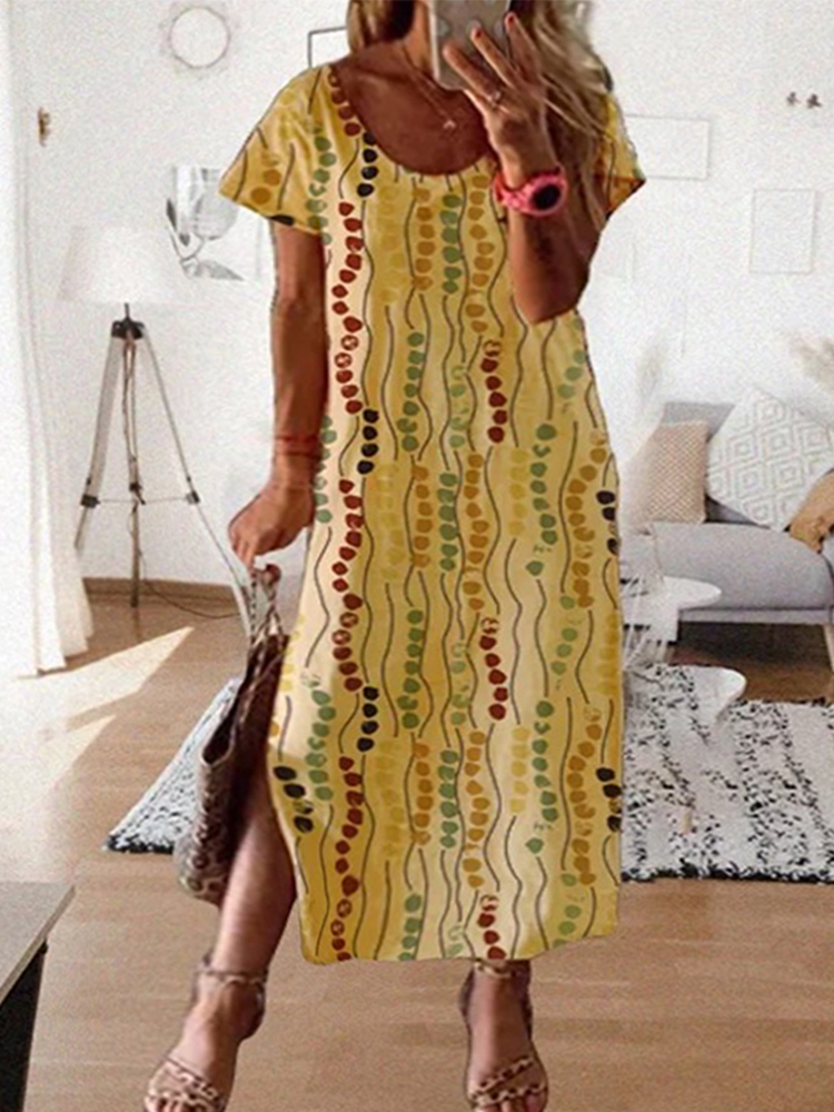 Maxi Dress Boho - Plus Size Yellow Printed Midi Dress,
