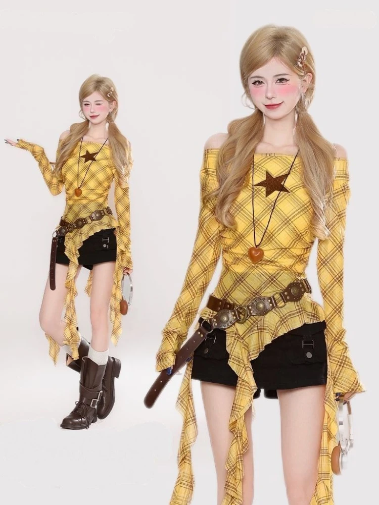 Y2K Plaid Slash Neck Vintage T - огляд і ціна Women'S Y2K Fashion Aesthetic