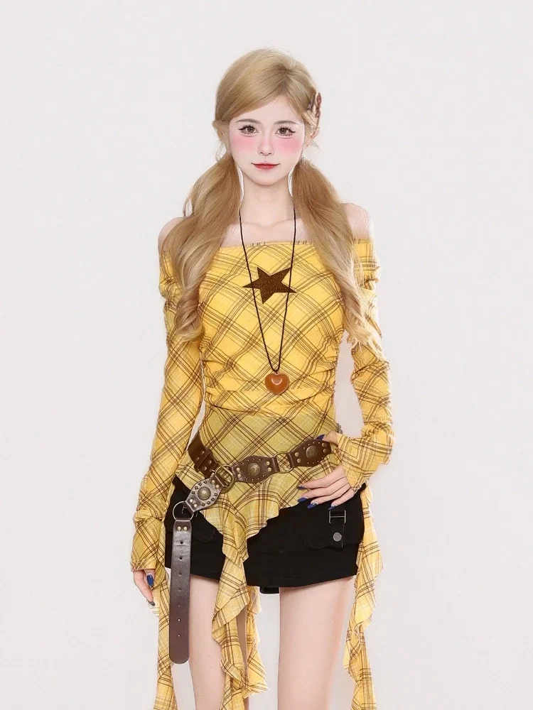 Y2K Plaid Slash Neck Vintage T - огляд і ціна Women'S Y2K Fashion Aesthetic
