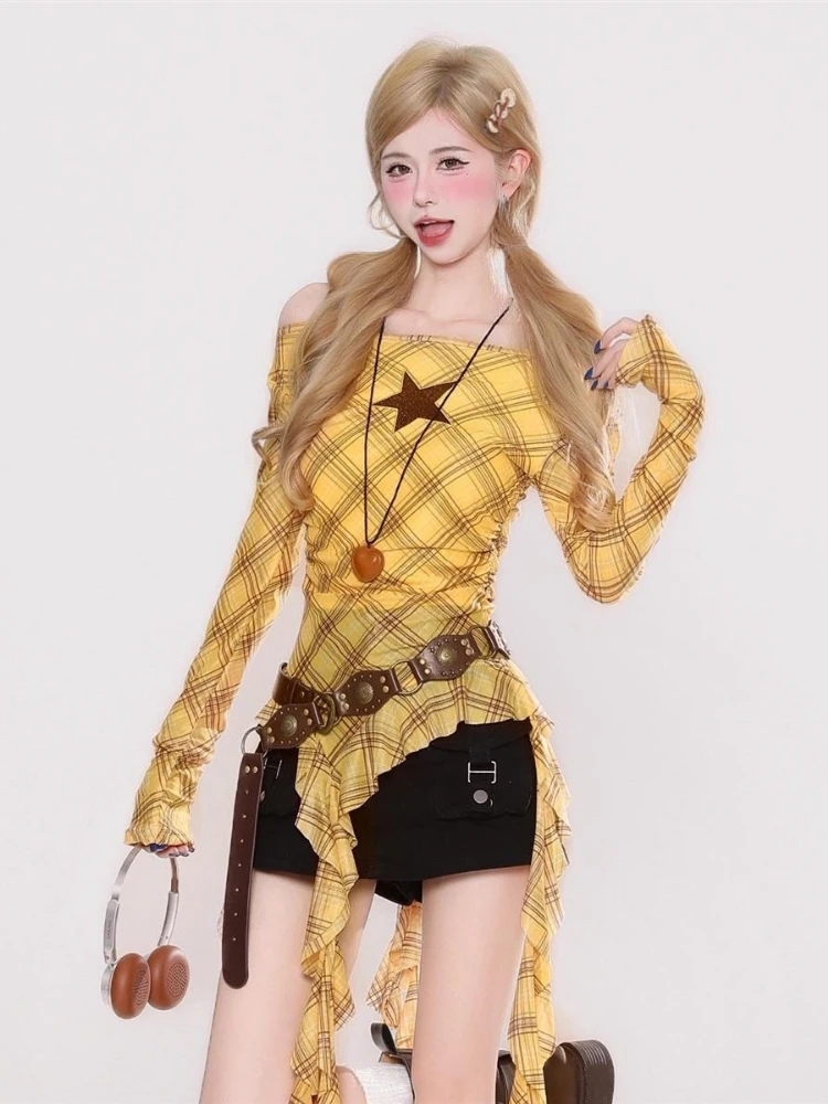 Y2K Plaid Slash Neck Vintage T - огляд і ціна Women'S Y2K Fashion Aesthetic